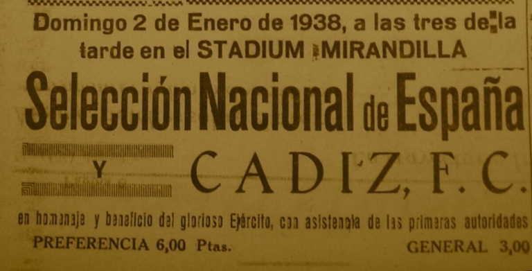 Anuncio en prensa del partido del Cádiz FC frente a una Selección Nacional de España.